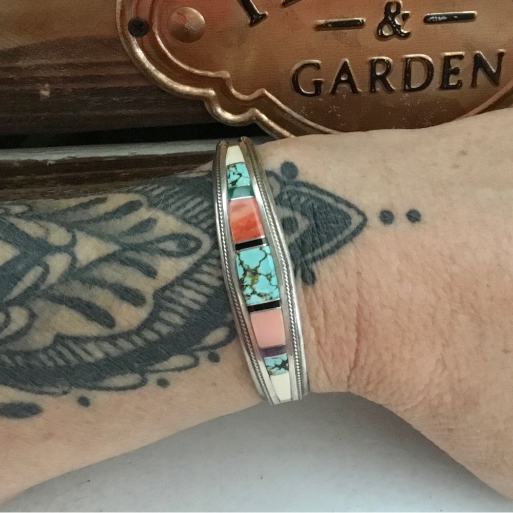 Zuni sterling silver gemstone inlay cuff bracelet marked TBJ
